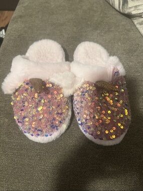 Kids Pink Sequin Unicorn Slippers with Plush Cuff